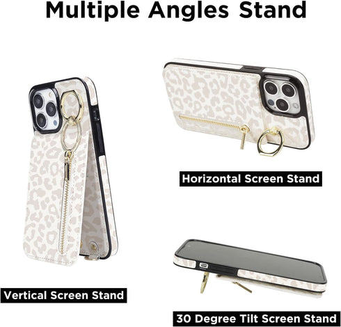 uCOLOR for iPhone 15 Pro Wallet Case with Card Holders for Women, Crossbody Zipper Protective Leather Case with Strap Wrist Ring RFID Kickstand De...