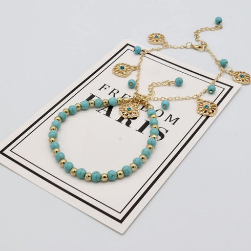 Boho Turquoise Anklet Bracelet Gold Flower Anklet Multi Layer Beads Anklet Beach Anklet Foot Chain Jewelry for Women and Teen Girls...