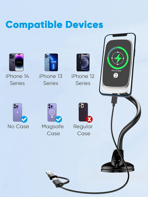 Magnetic Car Charger Mount, Powerlot 15W Fast Wireless Car Charger with Strong Suction & 360° Rotation Windshield Dash Air Vent Mountable Phone Ho...