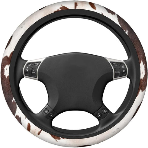 Swono Cow Skin Universal Neoprene Steering Wheel Cover Australian Cow Skin Brown 15 Inch Steering Wheel Covers, Printed Steering Wheel Elastic Pro...
