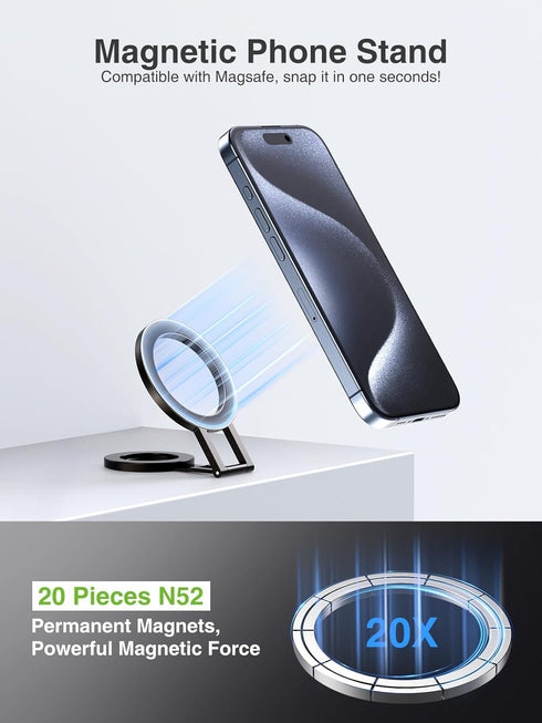 Dual Magnetic Foldable Phone Stand for Desk & Gym, for Magsafe Adjustable Travel Cell Phone Holder, All-Metal Portable Desktop Cellphone Stand Com...