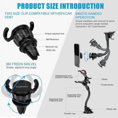 LoyaForba Car Phone Mount, Universal Phone Holder for Car Cell Phone, 360 Degrees Dashboard Desk Wall Bracket for GPS Navigation and Any Smartphon...