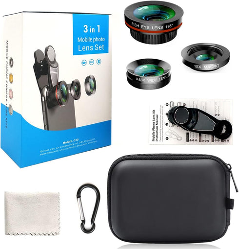 KINGMAS 3 in 1 Universal 198° Fish Eye Lens + 0.63X Wide-Angle Lens + 15X Macro Clip Camera Lens Kit for iPad iPhone Samsung Android and Most Smar...