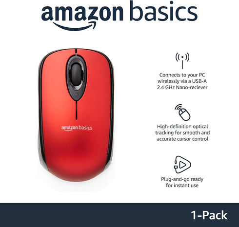 Amazon Basics 2.4 Ghz Wireless Optical Computer Mouse with USB Nano Receiver, Red...
