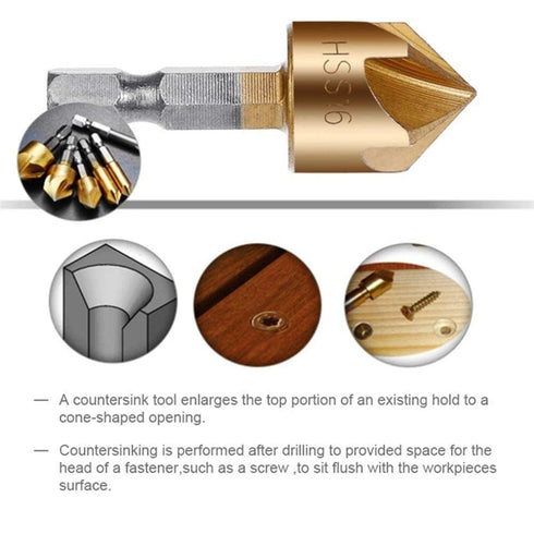 Countersink Drill Bit Set 3 Pcs 1/4'' Hex Shank High Carbon Steel 5 Flute Countersink 90 Degree Center Punch Tool Sets for Wood Quick Change Bits ...