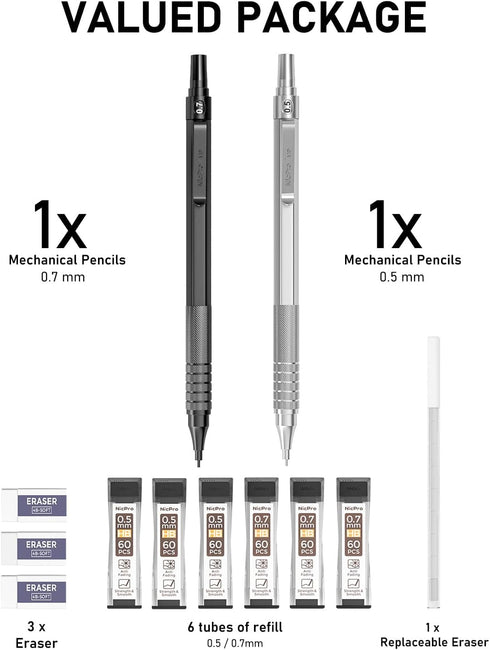 Nicpro 2 PCS Mechanical Pencils 0.5mm & 0.7 mm with Case, MP1000 Metal Artist Pencil Set with 6 Tubes HB Lead Refills, 3 Erasers, 9 Eraser Refills...