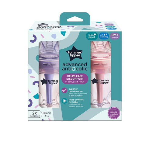 Tommee Tippee Baby Bottles, Advanced Anti-Colic Baby Bottle with Slow & Medium Flow Breast-Like Nipple, 9oz, 0m+, Self-Sterilizing, Baby Feeding E...