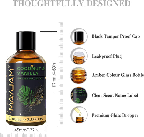 100ML/3.38FL.OZ Coconut & Vanilla Fragrance Oils with Glass Dropper, Essential Oils for Diffusers for Home, Long Lasting Scented Oils for Diffuser...