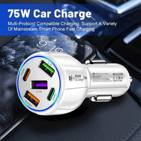 5 in 1 Car Charger Adapter,75W High Power Cigarette Lighter Adapter,QC3.0/PD Super Fast Charging Car Phone Charger Compatible with iPhone 14 13,iP...