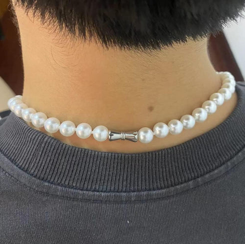 White 8mm Faux Hand Knotted Glass Imitation Pearls Necklace Earring Stainless steel Butterfly spiral buckle Jewelry 3 Set for Women and Men...