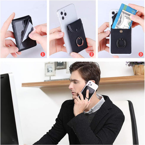 Credit Card Holder for Back of Phone with Ring Stand Stick on Phone Wallet,Ultra-Slim Self Adhesive,RFID Blocking Ring Pocket Wallet Stick on Most...