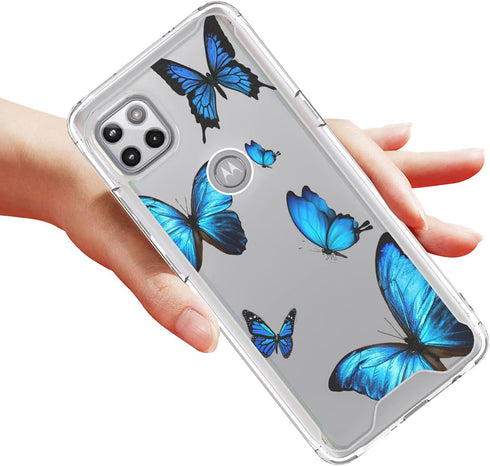 Cell Phone Case for Motorola Moto One 5G Ace, Moto One 5G Ace Case Clear Acrylic Backing with Blue Butterfly Design, Flexible TPU Bumper Shockproo...