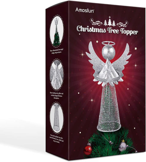 PRETYZOOM Christmas Silver Angel Tree Topper Exquisite Glitter 3D Angel Figure Tree Topper Ornament for Party Home Mall Xmas Tree Favor...