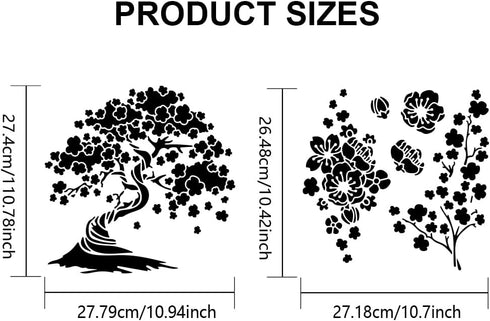2pcs Cherry Blossoms Stencils 11.8×11.8inch Large Blooming Stencil with Paint Brush Square Japanese Style Drawing Template for Wood Walls Canvas F...