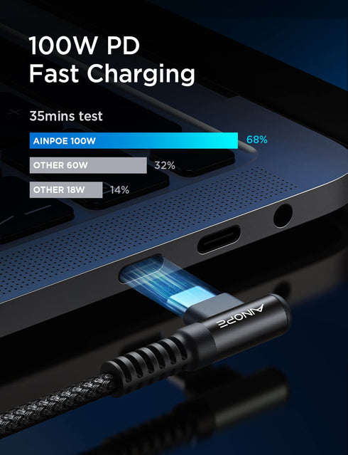 AINOPE 100W 5A USB C Cable 10FT, USB C Charger Cable, Right Angle Fast Type C Cable Fits for iPhone 15 Pro Max Plus, MacBook Air/Pro, iPad Pro, Sa...