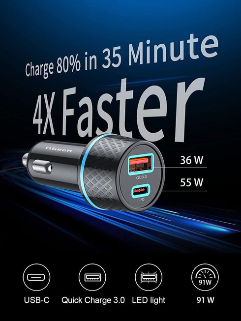 QGeeM USB C Car Charger Adapter, 2Pack 91W Fast Charging Cigarette Lighter Charger with PD3.0, USB Type-C Phone Charger Compatible for iPhone 15 1...