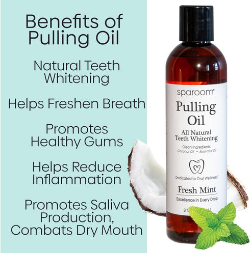 SpaRoom Ayurveda Pulling Oil Mouthwash and Tongue Scraper; Made with Coconut Oil and 7 Essential Oils for Fresh Breath, Teeth Whitening and Gum He...