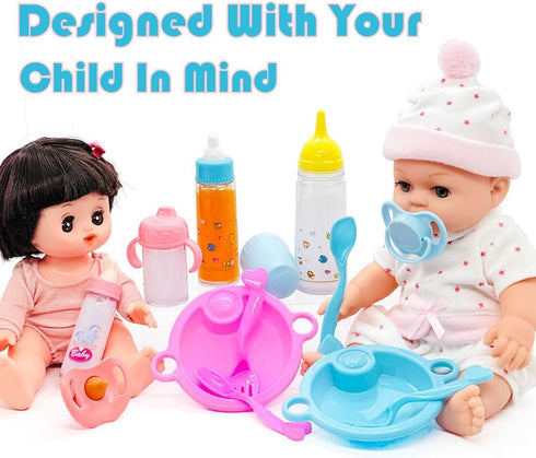 Baby Doll Accessories Magic Bottle set Magic Disappearing Milk Juice Bottles Sippy Cups with Pacifiers Bowl Spoons, Doll Bottle Toys Feeding Prete...