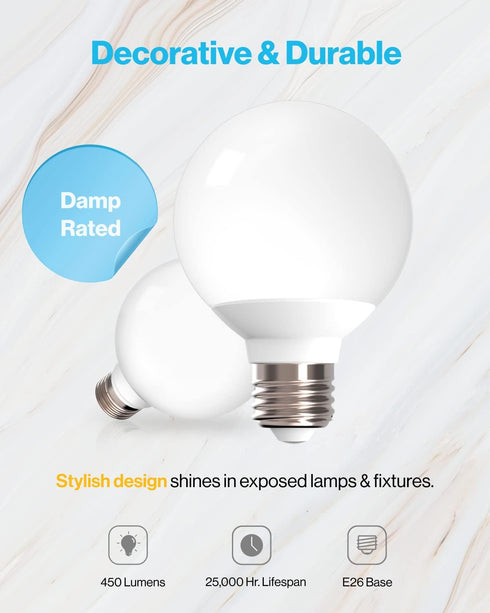 Sunco Lighting 8 Pack Vanity Globe Light Bulbs G25 LED for Indoor Bathroom Mirror Living Area, CRI92 3000K Warm White, Dimmable 450 LM, 6W, E26 Ba...