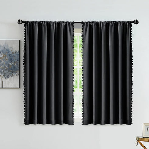 Treatmentex Pom Pom Blackout Curtains Black 45" Half Window Curtain Set for Small Window Basement Laundry Short Drapes 2Panels Rod Pocket...
