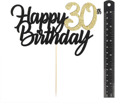 PALASASA Black Gold Glitter Happy Birthday cake topper - 30 Anniversary/Birthday Cake Topper Party Decoration (30th)...