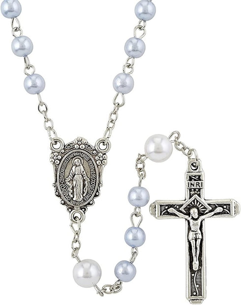 Rosary Miraculous Medal - with White Pearl Miraculous Medal Rosary Beads, Our Lady of Grace Full Color Zippered Pouch, Lord's Prayer Card | Our La...