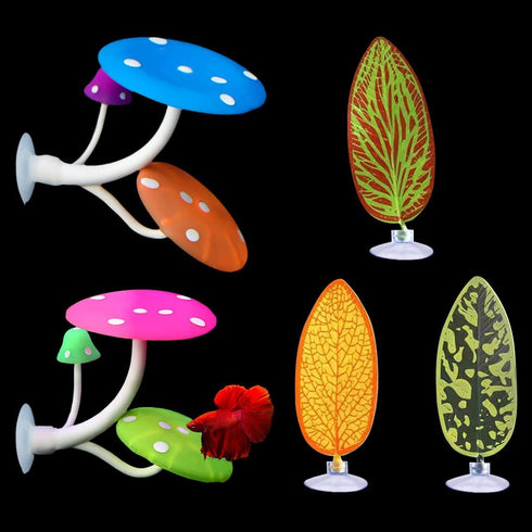 5 pcs Betta Mushroom Hammock + Leaf Pads Fish Tank Silicone Soft Aquarium Fish Playing Pads with Suction Cup Aquarium Ornament Fish Tank Decoratio...