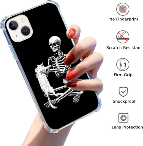 Cat and Skull Case Compatible with iPhone 15 Plus, Hippie Trippy Creepy Skull and Kitten Case for iPhone 15 Plus, Trendy Cool TPU Bumper Phone Cas...