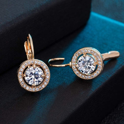 Austrian Crystal Halo Round Drop Leverback Earrings for Women 14K Rose Gold Plated Hypoallergenic Jewelry...