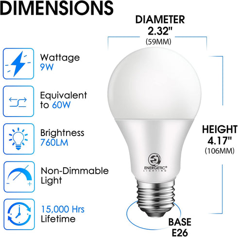 Energetic 4-Pack Light Bulbs 60 Watt Equivalent, A19 Daylight LED Light Bulbs, 15000 Hrs, E26 Base, UL Listed, Non-Dimmable, 9W 5000K Daylight Lig...