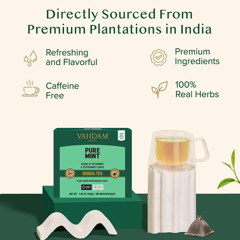 VAHDAM, Pure Mint Herbal Tea (100 Pyramid Tea Bags) Caffeine Free, Non GMO, Gluten Free | Blend of Spearmint & Peppermint - Sweet & Minty | Reseal...