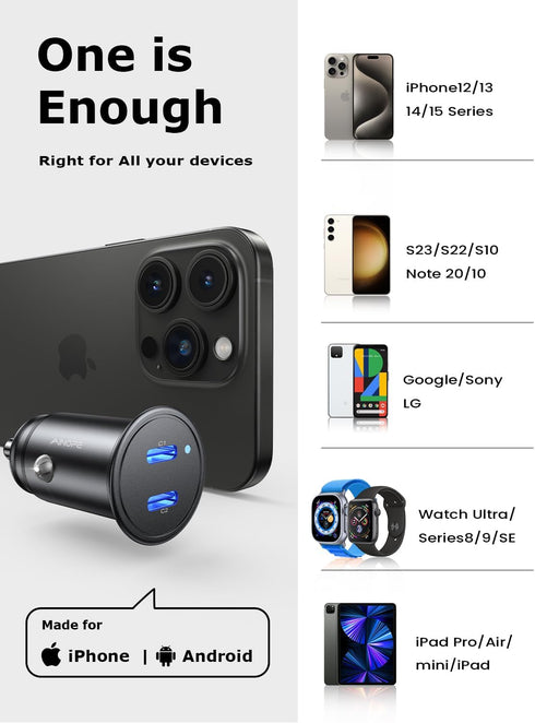 AINOPE 56W Car Charger USB C Adapter, Super Fast PD & QC 3.0 USB C Car Charger Fast Charging, Smallest All Metal USB C Fast Car Charger Fit for Sa...