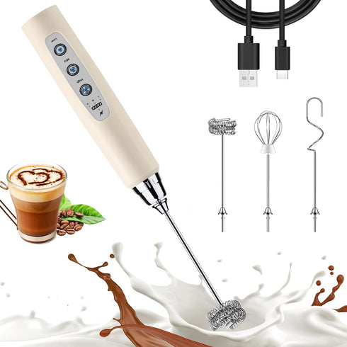 Beige Milk Frother Wand for Coffee, Frother Handheld Rechargeable Electric Whisk with 3 Heads 3 Speeds Drink Mixer Coffee Frother Foam Maker For L...