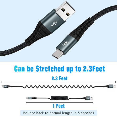 2 Pack 3FT USB C Charger Cable 60W Fast Charging, Coiled USB A to USB C Cable for Car Compatible with iPhone 15 Series, Samsung Galaxy S24 / S23 /...