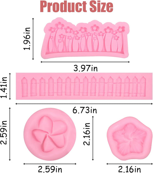 Mini Silicone Molds 4 Pcs, Flower Green Grass Garden Picket Fence Fondant Molds for Chocolate Peony Mold Cake Decoration Candy Cupcake Topper Birt...