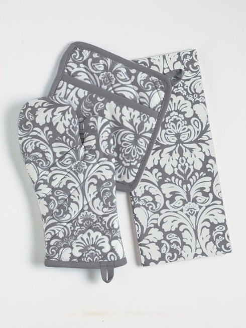 DII Quilted Kitchen Oven Mitt & Potholder Set, Hanging Loop for Convenient Storage, OM 6.5x12/PH 8x8.5, Gray Damask Print, 2 Piece...