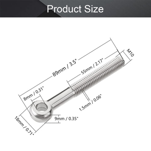 MroMax M10 x 80mm Machinery Shoulder Swing Lifting Eye Bolt, 2Pcs 304 Stainless Steel Metric Thread Lifting Eye Bolt for Home Renovation, Pipeline...
