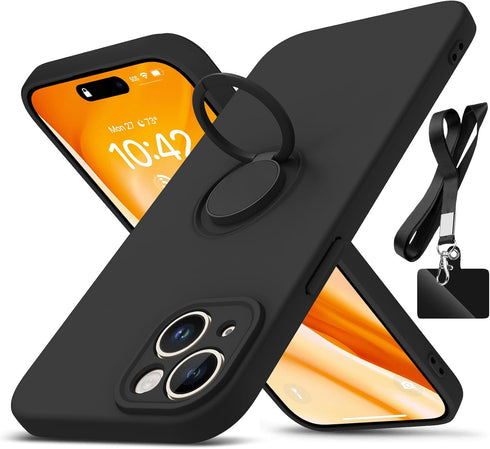 for iPhone 15 Plus Case,with 360°Rotatable Ring Holder Kickstand & Strap Lanyard Premium Liquid Silicone Slim Anti-Scratch Shockproof Protective C...