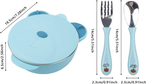 Stainless Steel Baby Feeding Bowl, Toddler Suction Plate with Lid Spoon and Fork, Perfect for Children (Blue)...