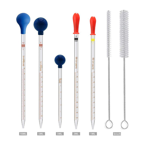 5PCS Thick Glass Graduated Dropper Pipettes Fluid and Liquid Pipettors 1ml 2ml 5ml 10ml 2PCS for Each with Caps and 2PCS Washing Brushes (33cm-13i...