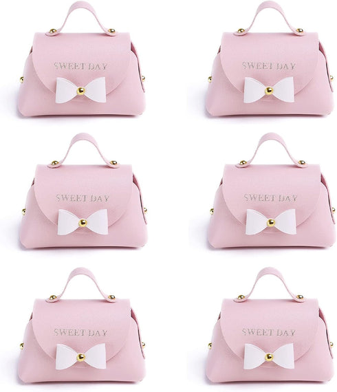 CheeseandU 6 Pack Exquisite Simple Bowknot Handbag with Handle Gift Box Beautiful Pink Leather Gift Bags with White Bow Decor Wedding Candy Box Bi...