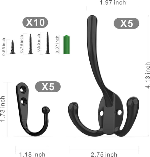 10 Pack Heavy Duty Wall Mounted Black Coat Hooks With 30 Screws - Mudroom, Backpack, Robe, Hat Hooks (Two Types of Hooks + Three Types of Screws I...