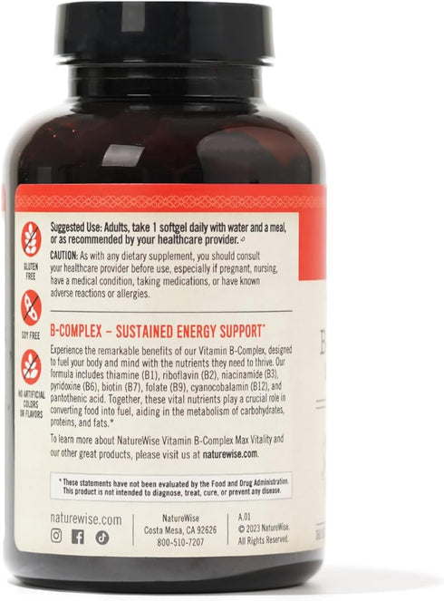 NatureWise Vitamin B Complex for Women and Men - with Folic Acid Biotin B1 B2 B3 B6 B12 - Support Cellular Energy & Mental Clarity - Gluten Free, ...