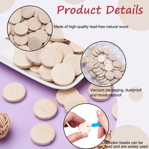 KISSITTY 50pcs Natural Unfinished Flat Round Wood Coin Beads DIY Family Birthday Board Tags Making Wooden Circle Discs About 1" Diameter (25mm)...
