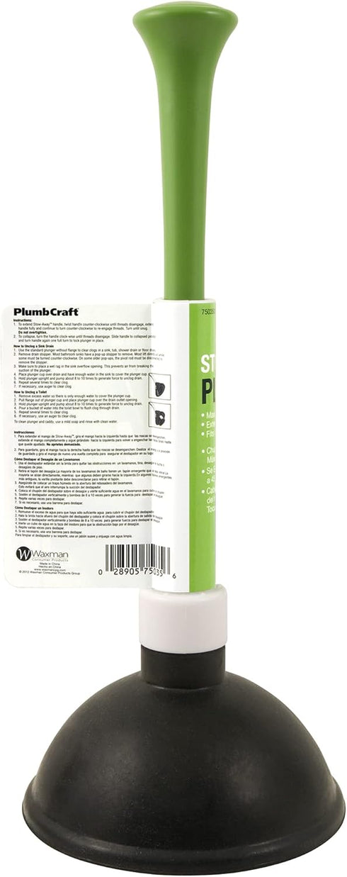 PlumbCraft 14-18-in. Stow-Away Plunger with Adjustable Handle 7503500, Heavy Duty Toilet Plunger for Households, Ergonomic Plunger to Unclog Toile...