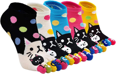 ZAKASA Womens Funny Toe Sock Cotton Five Finger Running Ankle Novelty Socks (Animal cat, US shoe 6-9)...