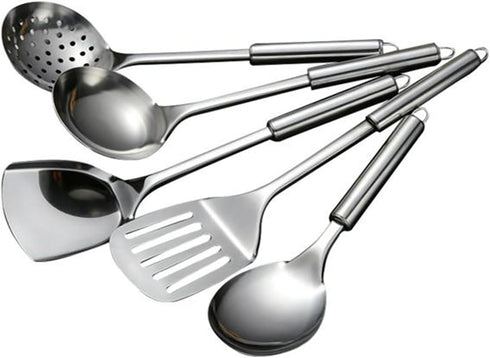 5Pcs Cooking Utensils Set, Stainless Steel Kitchen Utensils, Heat Resistant Wok Utensils Set Include Slotted Spoon, Slotted Spatula, Large Spoon, ...