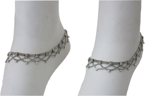 Handmade Womens Boho Anklets Pair | Silver Plated Brass Copper Metal Chain Vintage Antique Oxidized Finish | Inidan Payal Feet Ankle Bracelet Fash...