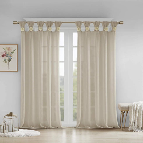 Madison Park Rosette Floral Embellished Cuff Tab Top Solid Single Window Treatments Sheer Curtain Panel Drape for Bedroom Living Room and Dorm, 50...