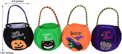 4 Styles Halloween Goody Bags Trick or Treat Candy Bags Velvet Tote Bags Gift Basket for Kids Party Favor, Pumpkin Ghost Black Cat Witch Halloween...